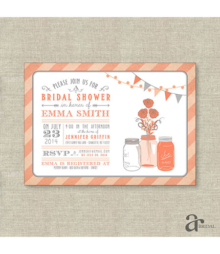 Mason Jar Bridal Shower, Birthday or Baby Shower Printable Invitation - Emma Collection - Coral